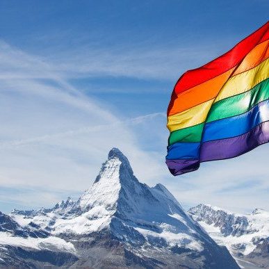 rainbow flag in Swiss mountain