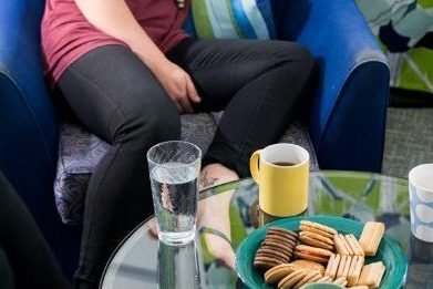 women sitting around a coffee table