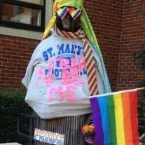 Students protested on campus by dressing up a statue of a nun