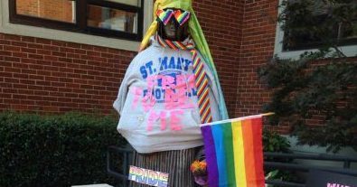 Students protested on campus by dressing up a statue of a nun