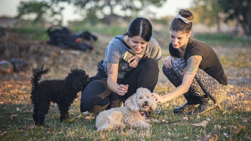 2 women petting dog