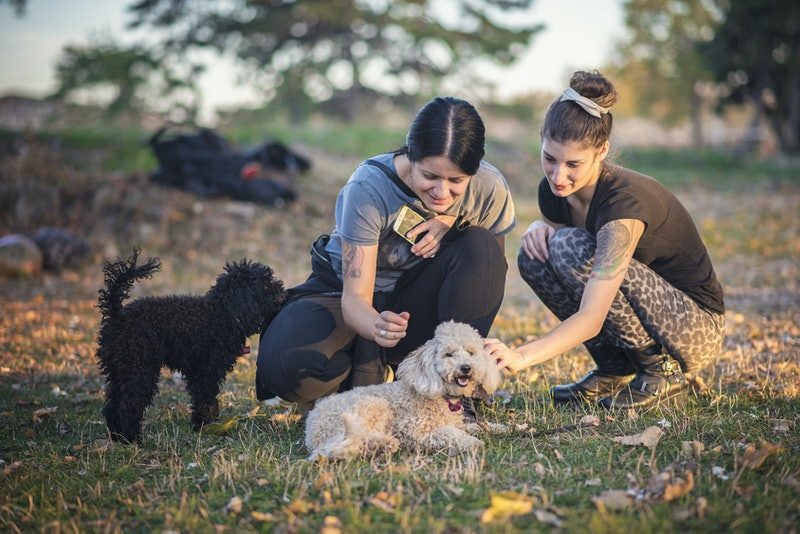 2 women petting dog