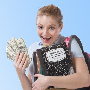 Young woman with backpack and bank notes