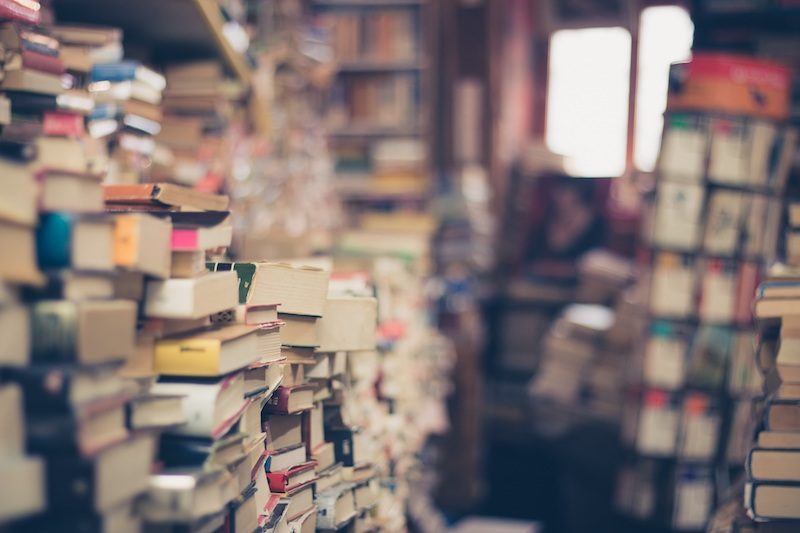 stack of books in library