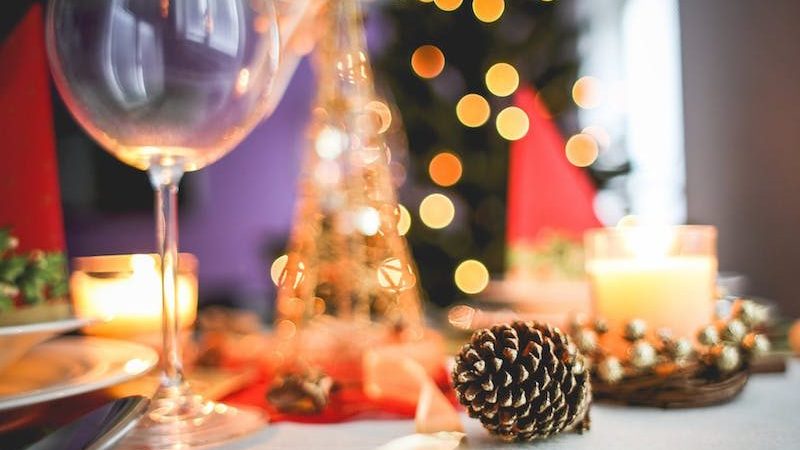 wine glass on christmas decorated table