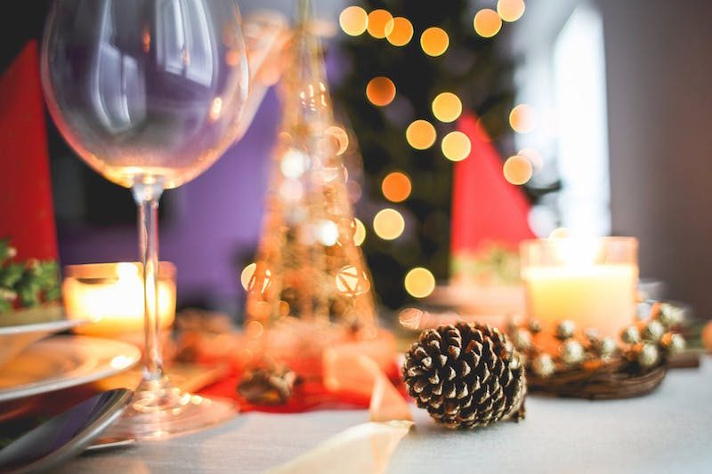 wine glass on christmas decorated table