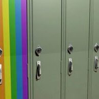 lockers with one in rainbow colours