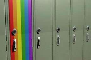 lockers with one in rainbow colours