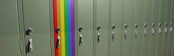 lockers with one in rainbow colours