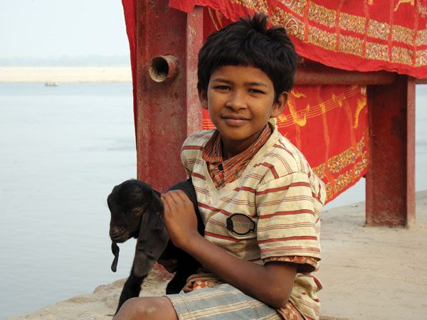 indian boy holding goat
