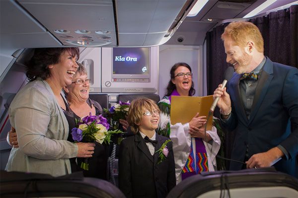 Lynley Bendall and Ally Wanikau tied the knot on Air New Zealand