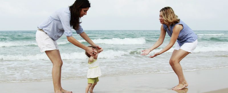 Lesbian Couple on beach with toddler