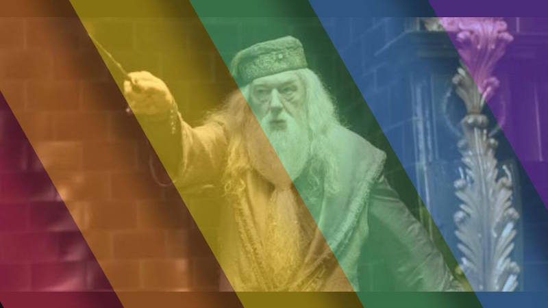 Dumbledore from Harry Potter behind rainbow colours 
