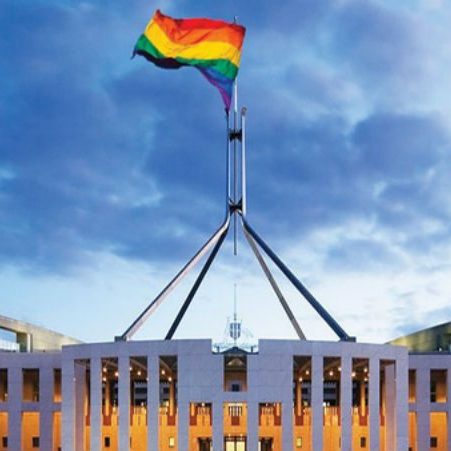 Australian Parliament House in Canberra with Rainbow flag