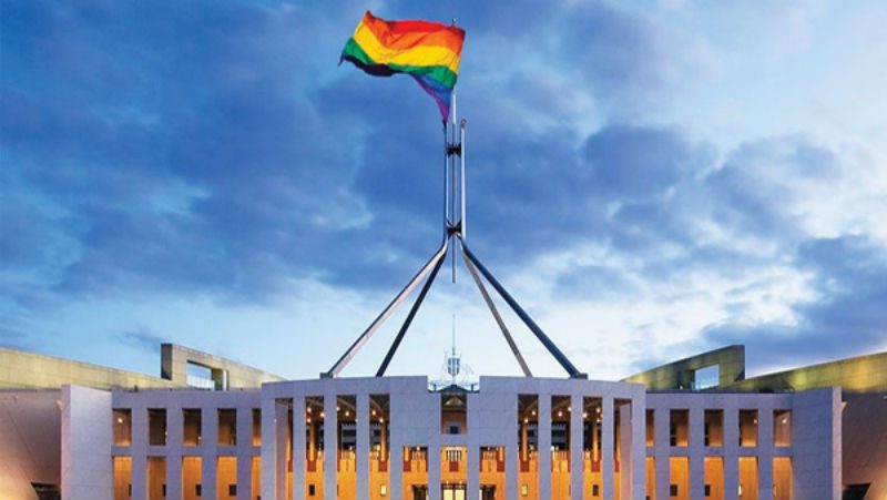 Australian Parliament House in Canberra with Rainbow flag