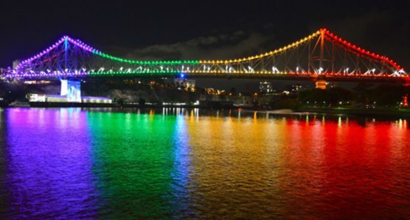 Storey Bridge in Brisbane lit up in rainbow colours