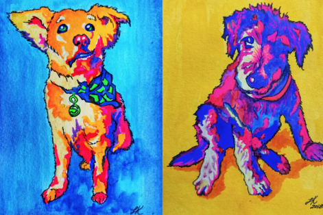 Painting of 4 dogs in colour