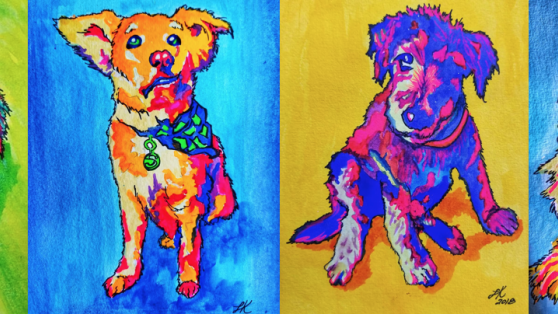 Painting of 4 dogs in colour
