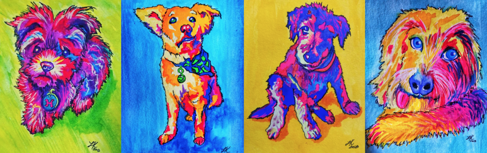 Painting of 4 dogs in colour