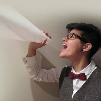 Woman screaming through megaphone