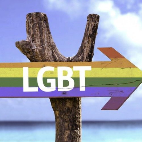 Wooden sign in rainbow colours and word LGBT