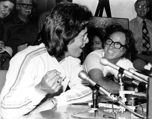 Jean King and Bobby Riggs in 1973. The discussion will follow a special screening of the acclaimed documentary, Battle of the Sexes.