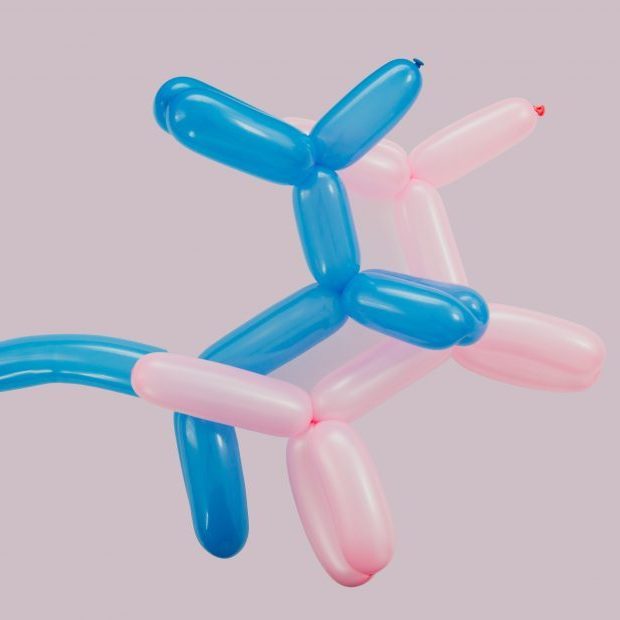 blue and pink ballon dog figure