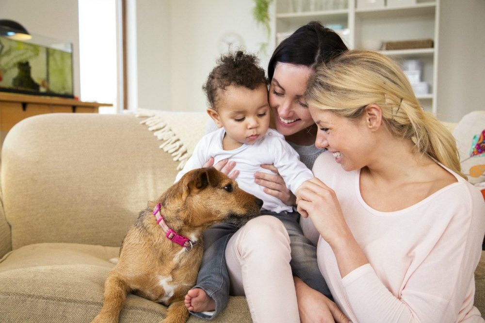 Lesbian Couple with baby and dog 