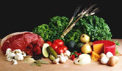 kitchen bench with vegetables and meat 