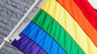 raibow flag infront of grey brick wall