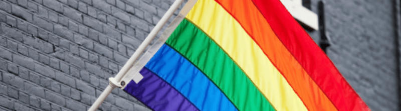 raibow flag infront of grey brick wall