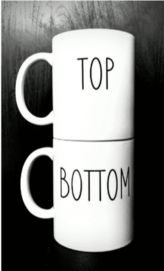 2 white mugs with top and bottom writing